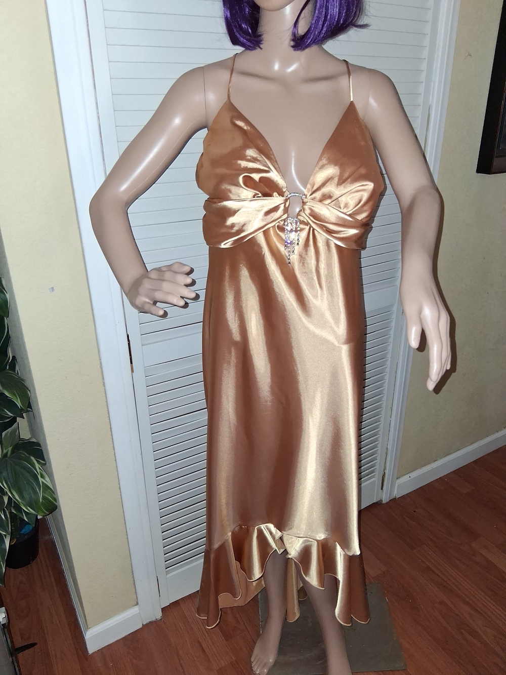 Vtg Y2K Eureka USA Gold Liquid Satin Ruffle Cowl Open Back Prom Gown 3XL